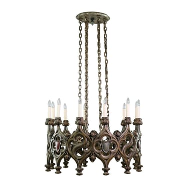 Heavy Cast Bronze Gothic Tudor Chandelier