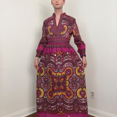 Late 60s / Early 70s Quilted tapestry print embellished maxi dress by The Union 