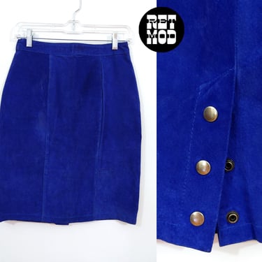 Hot Vintage 80s 90s Dark Blue Suede Mini Skirt with Back Snaps 