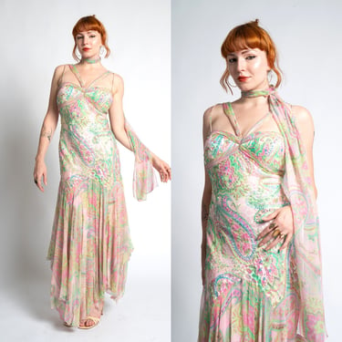 Vintage 2000s Dress / Y2K Diane Freis Paisley Silk Beaded Gown / Pink Green ( small S ) 