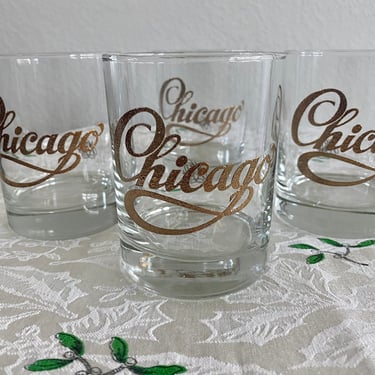 Set of Four Vintage Raised Gold Foil Chicago Old Fashioned Glasses 