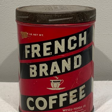 French Brand Coffee Tin Litho Red & Black Label Welcome Foods Co Cincinnati Ohio, Vintage collectible tins, coffee can, vintage kitchen deco 