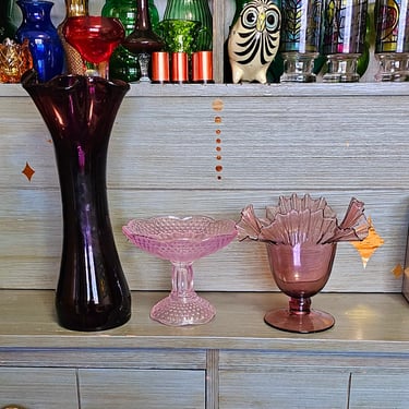 Mid Century Modern Purple and Pink Glass Vase Bottle Set Decor Glassware 