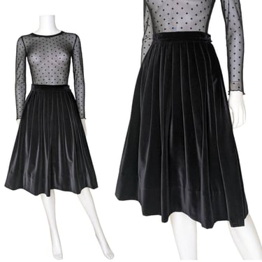 Vintage Black Velvet Skirt, Extra Small / 1950s Pleated Black Midi Skirt / Flared A Line Velvet Party Skirt 