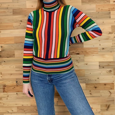 1970's Vintage Rainbow Striped Turtleneck Pullover Knit 70's Ski Sweater 