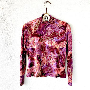 Vintage St John by Marie Gray Purple Paisley Turtleneck Long Sleeve Graphic Shirt Top 