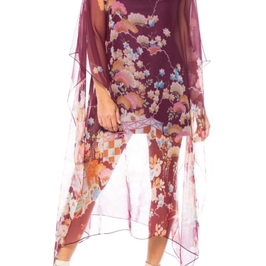 1970S Polyester Chiffon Sheer Asian Floral Print Kaftan Dress 