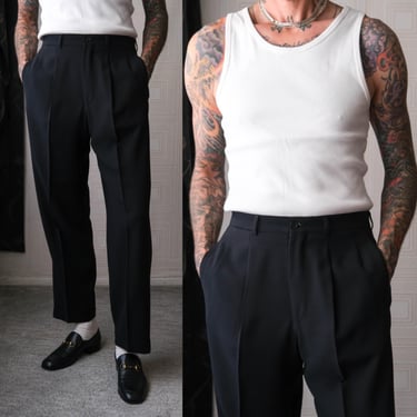 Vintage 90s GIORGIO ARMANI Black Gabardine Shadow Stripe Pleated Cuffed Slacks w/ Jetted Pockets | Size 35x32 | 1990s MANI Designer Pants 