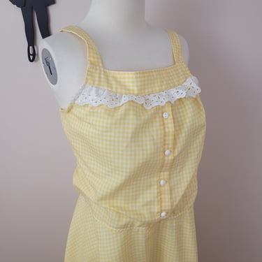 Vintage 1980's Yellow Gingham Dress / 90s Summer Day Dress S/M 