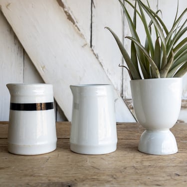 Small White Ironstone LOT OF 3 Pitcher Vase Egg Cup Cream Pitcher Creamer Serveware Canister Shanango Mid Century Striped Stoneware 