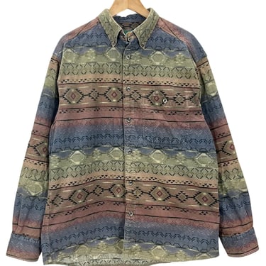 Cabelas Aztec Print Deerskin Soft Chamois Button Down Cotton Flannel Shirt Large