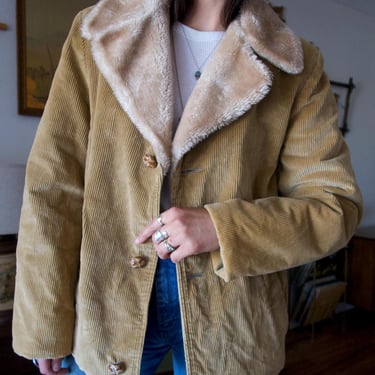 Vintage 60's 70's Fox Knapp Sportswear Faux Shearling Corduroy Button-down Coat 