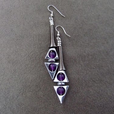 Purple frosted glass and gunmetal geometric earrings 