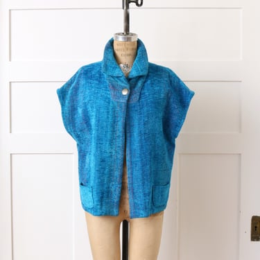 vintage 1990s handwoven chenille jacket • southwestern turquoise blue fiber arts jacket 