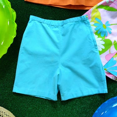 Easy Breezy Chic Vintage 50s 60s Light Turquoise Blue High-Waisted Cotton Shorts 