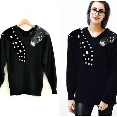 Vintage 80s Black Sweater Metallic studs rhinestones and faux leather SIze Medium Jumper Pull over 80s Glam Black Sweater 