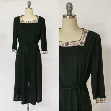 1950s Dress Black Rayon Crepe Embroidered L 