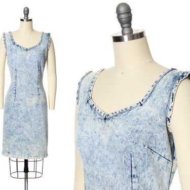 Vintage 1980s Sundress | 80s FREDERICKS OF HOLLYWOOD Acid Wash Denim Blue Sleeveless Wiggle Glam Rock Day Dress (x-small/small) 