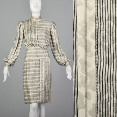 Small Galanos 1970s Striped Silk Dress Vintage Geometric Silk Dress 70s Textural Day Dress Vintage Galanos 