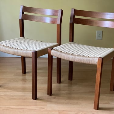 TWO Moller Chairs in Teak and new Danish Paper Cord, dining chairs, desk chairs, bedroom chairs 