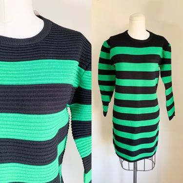 Vintage 1980s Green & White Striped Sweater Dress / M 