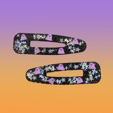 Halloween Hair Clip Set - Pastel Purple Ghosts & Stars with Glitter - Cute Spooky Barrette Clips 