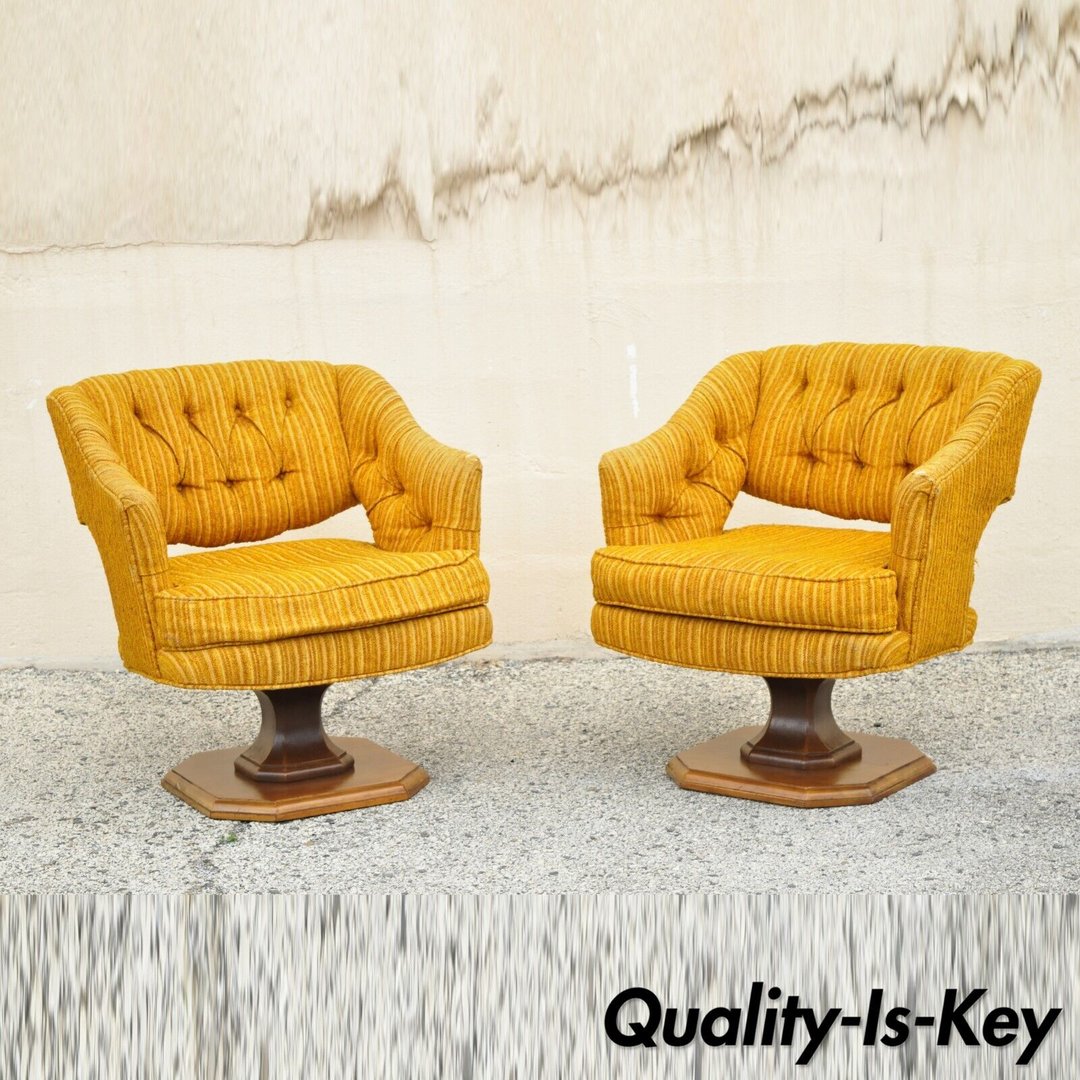 Silver Craft Orange Mid Century Modern Swivel Club Lounge Chairs