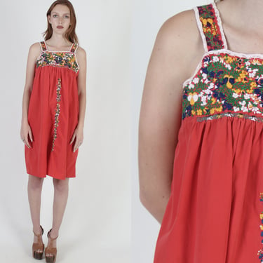Red Cotton Heavily Embroidered Oaxacan Tank Dress 