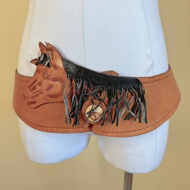 70s Vintage Handmade One of A Kind Tooled Leather Fringe Horse Western Belt / Waist 34