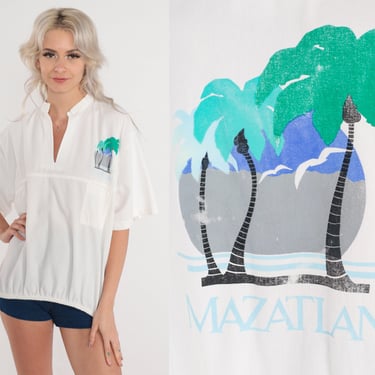 Palm Tree Shirt 90s Mazatlan Mexico T-Shirt White Banded Hem Top Tropical Graphic Tee Short Sleeve V Neck Retro Vintage 1990s Medium Large 