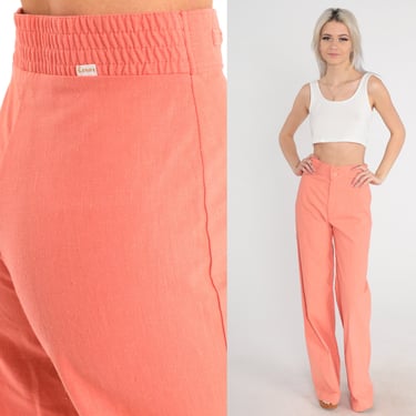 Peach Levis Trousers 70s High Waisted Pants Wide Bell Bottom Leg Creased Slacks Seventies Hippie Salmon Levi Strauss Vintage 1970s XS 26 
