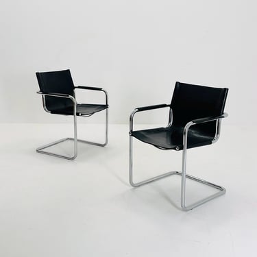 Set of 2 Mid century Matteo Grassi visitor armchairs black leather Italy 1980s 