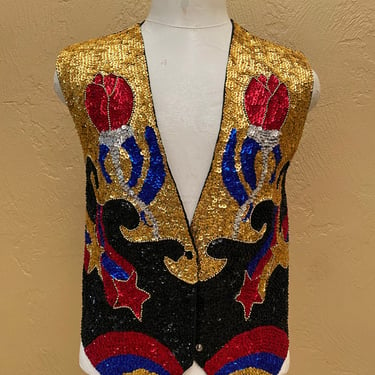 Vintage Sequins Vest Unisex Beaded Rose Gold Red Black 