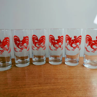 Vintage Red Rooster Glass Set | Highball Collins Iced Tea | Chanticleer Cock | Libbey 