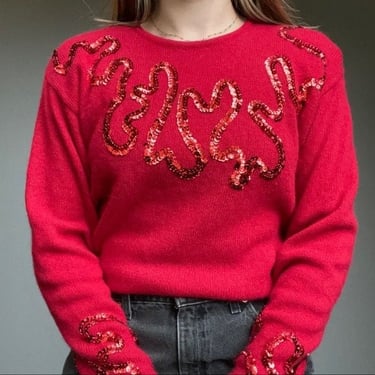 Vintage 80s Cherry Red Lambswool Angora Sequin Festive Crewneck Sweater Size M 