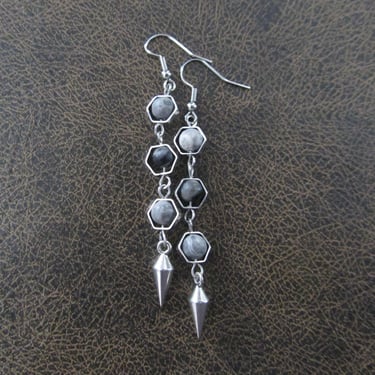 Silver and gray stone geometric hexagon earrings 