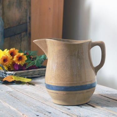 Antique stoneware pitcher with blue stripe /  ironstone pitcher / vintage stoneware crock / farmhouse rustic primitive kitchen pottery 
