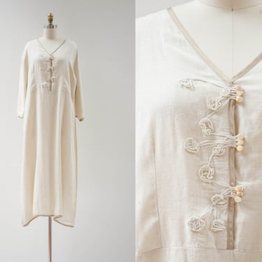 loose linen dress | 90s y2k vintage designer Krista Larson cream beige hippie boho coastal oversized linen maxi dress 