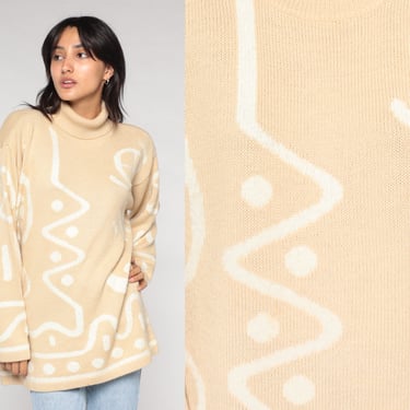 Abstract Sweater 90s Beige Knit Turtleneck Sweater White Swirl Print Pullover Retro Wool Acrylic Statement Turtle Neck Vintage 1990s Large L 