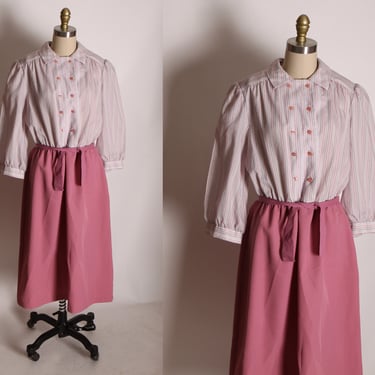 1970s Dusty Rose Pink and Purple Zig Zag Striped Secretary Belted Dress by Amy-Deb -L 