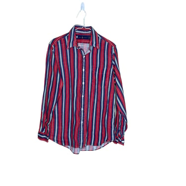 Ralph Lauren Women's Blue Red Striped Washed Linen Button Down Shirt Blouse, Size L 