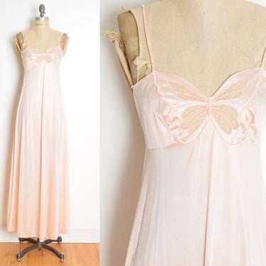 vintage 70s nightgown peach pink butterfly cutout lingerie dress long gown XS/S 