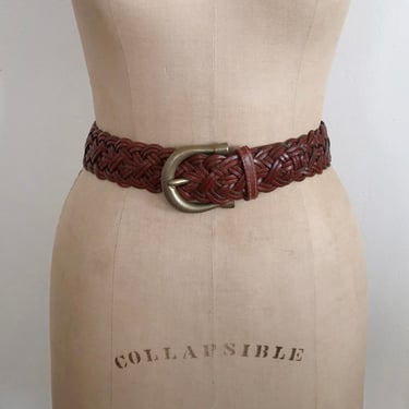 Wide, Braided Red/Brown Leather Waist Belt with Brass-Toned Buckle - 1990s 