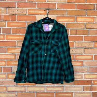 vintage 50s green pilgrim plaid loop neck collar wool button down / s m small medium 