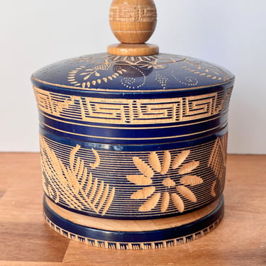 Hand Carved Wooden Floral Blue Lidded Box. Round Mexican Carved Wooden Trinket Box. 