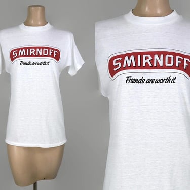 VINTAGE 80s Smirnoff Friends Are Worth It Graphic T-Shirt | Sneakers Label 50/50 Fortrel Poly Cotton Blend Single Stitch Tee Shirt | M 38/40 
