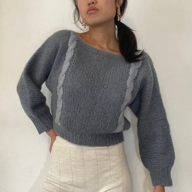 50s hand knit mohair contrast cable sweater / vintage slate blue Italian mohair cable knit batwing boatneck cropped sweater | Medium 