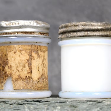 Antique Musterole Milk Glass Jars with Tin Lids | Gorgeous Vintage Patina | Circa 1910s/20s 