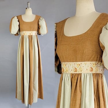 Renaissance Style Dress / 1970s Cottagecore Dress / Couriers Empire Waist Maxi Dress / Puff Sleeve Dress / Size Small 