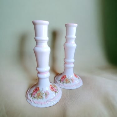 VINTAGE Ceramic candle holders adorned with rose-painted motifs Shabby Chic Ceramic candle holders featuring hand-painted roses 